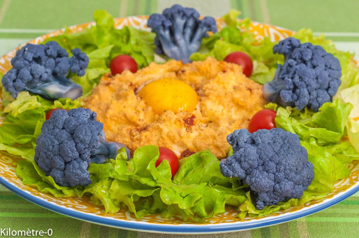 Photo de recette de salade, automne, printemps, oeufs nuage, oeufs, chorizo, salade de chou fleur, chou fleur violet, facile, original, bio, rapide, healthy, Kilomètre-0, blog de cuisine réalisée à partir de produits de saison et issus de circuits courts